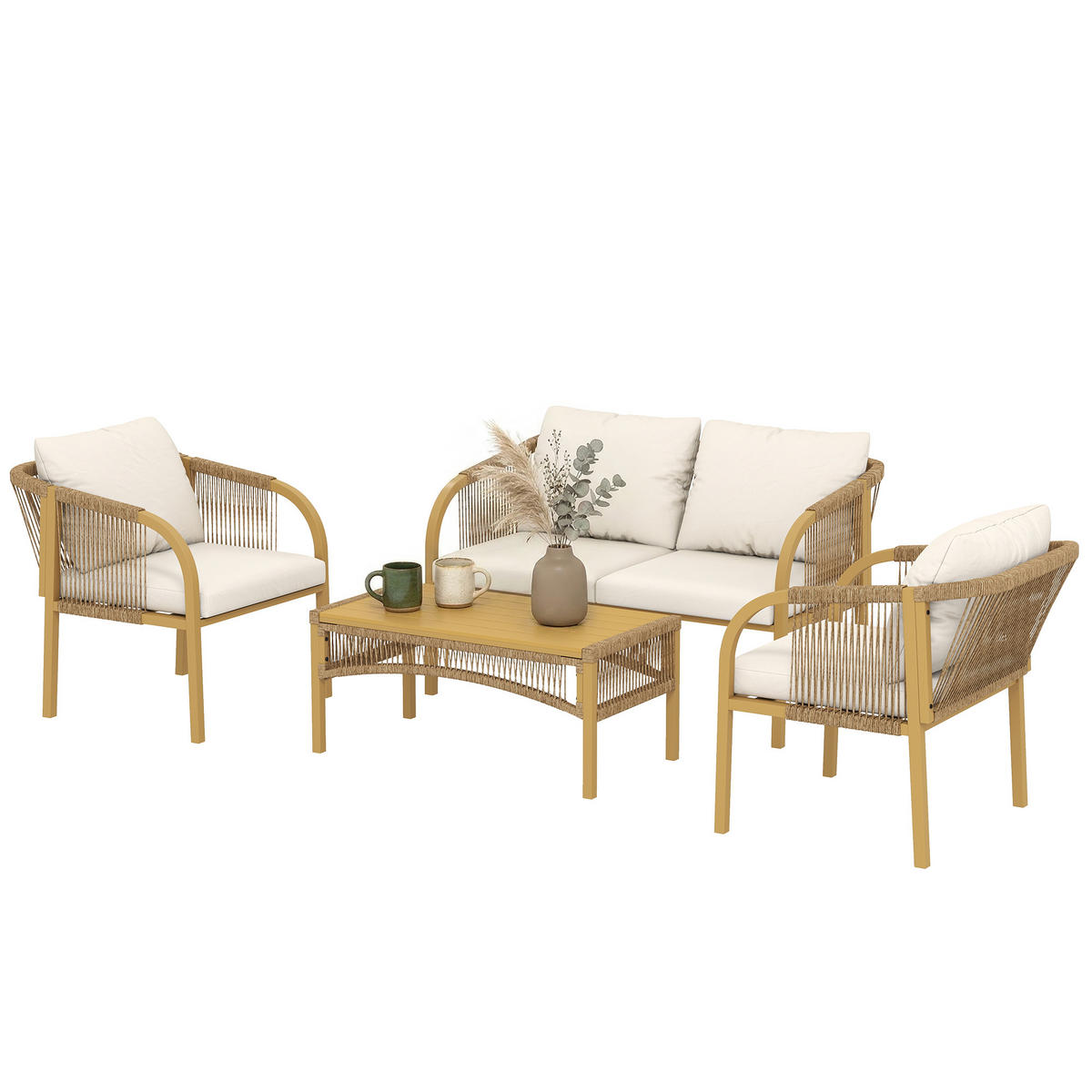 GARTENLOUNGE-SET 4tlg. DE-13719 mit Sofa & 2 Sesseln Kaki - Mokka, Metall - ComfortXL