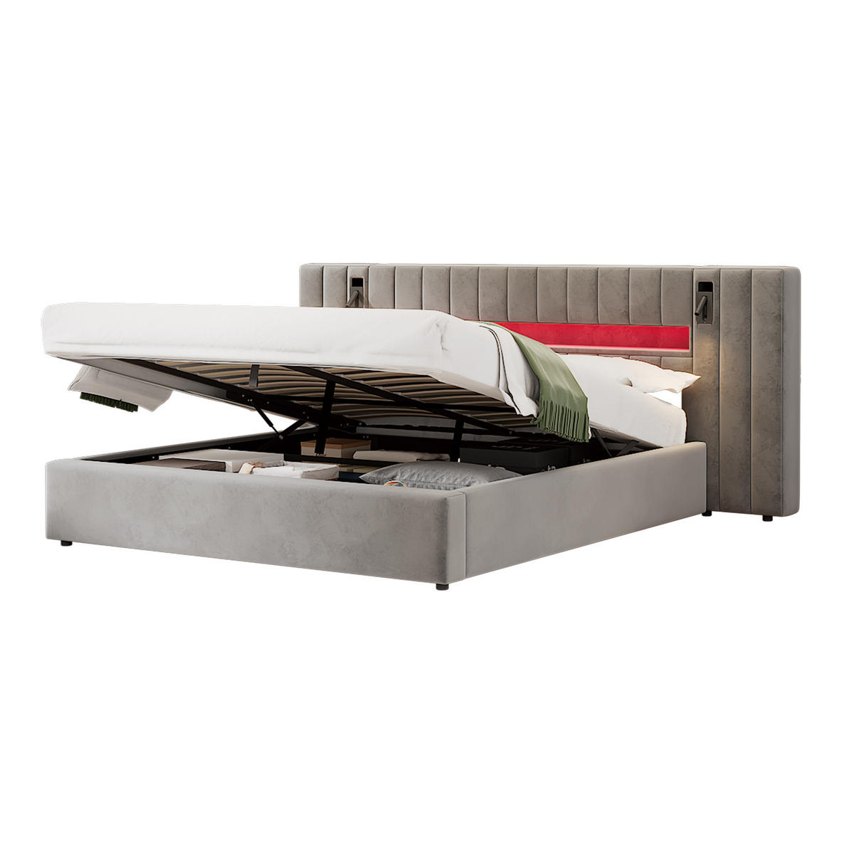 POLSTERBETT 180x200cm Grau Samt Mit USB LED & Nachttischlampe - Grau, Textil (180/200cm) - FLIEKS