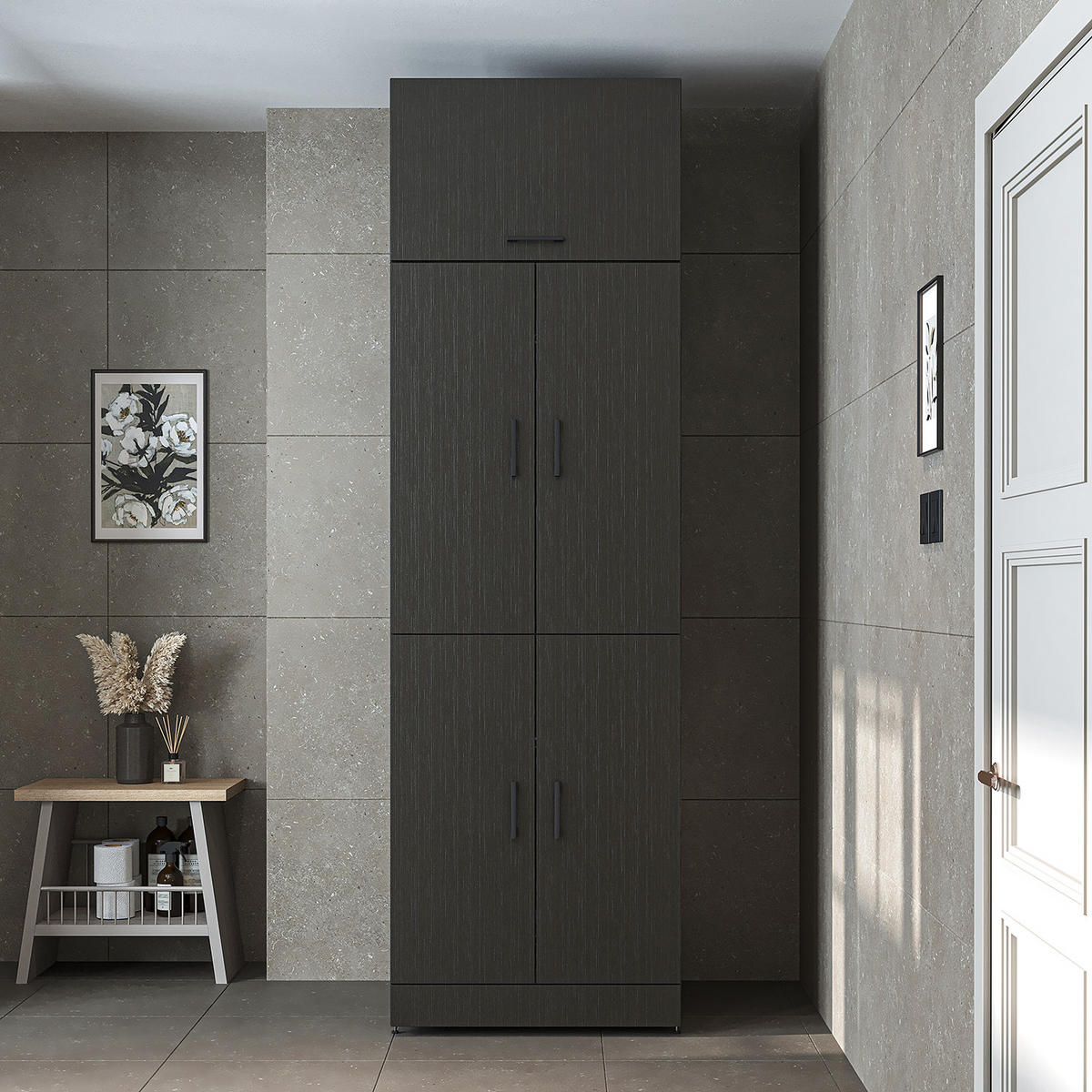 WASCHMASCHINENSCHRANK DORA-I 70cm Breit, 230cm Hoch - Schwarz, Holzwerkstoff (70/230/74cm)