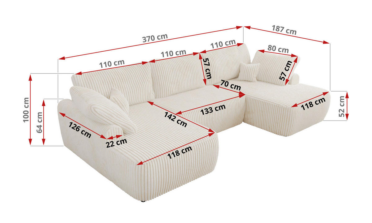 WOHNLANDSCHAFT CUBO U Creme Cord - Creme/Schwarz, Kunststoff/Textil (370/100/187cm) - MKS