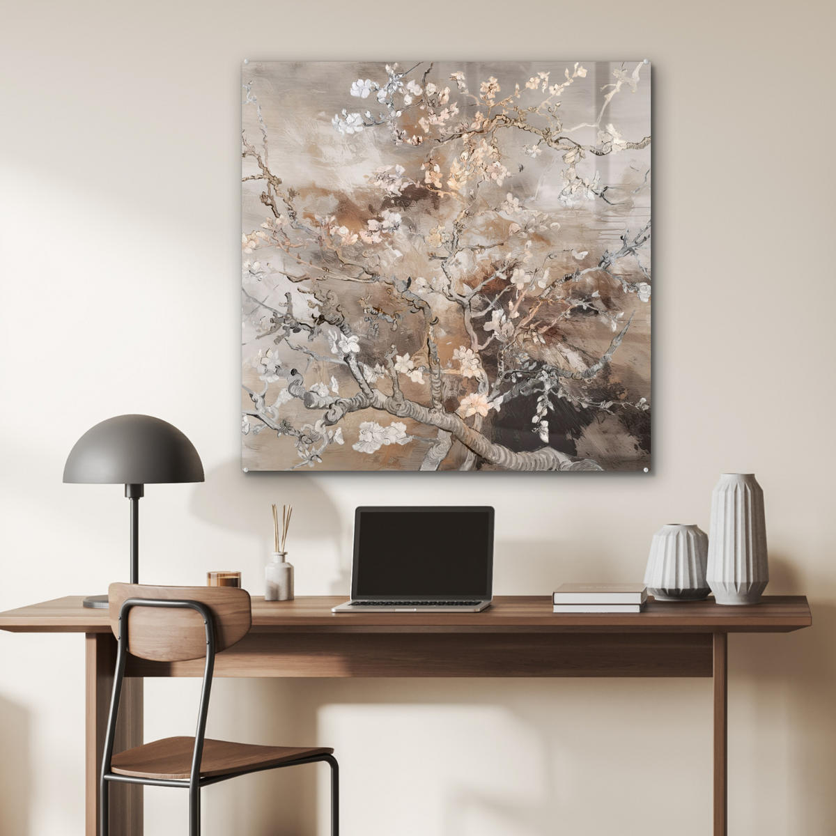 ACRYLGLASBILD Mandelblüte - Kunst - Van Gogh - Beige - Abstrakt 90x90 cm - Braun, Glas (90/90cm) - MuchoWow