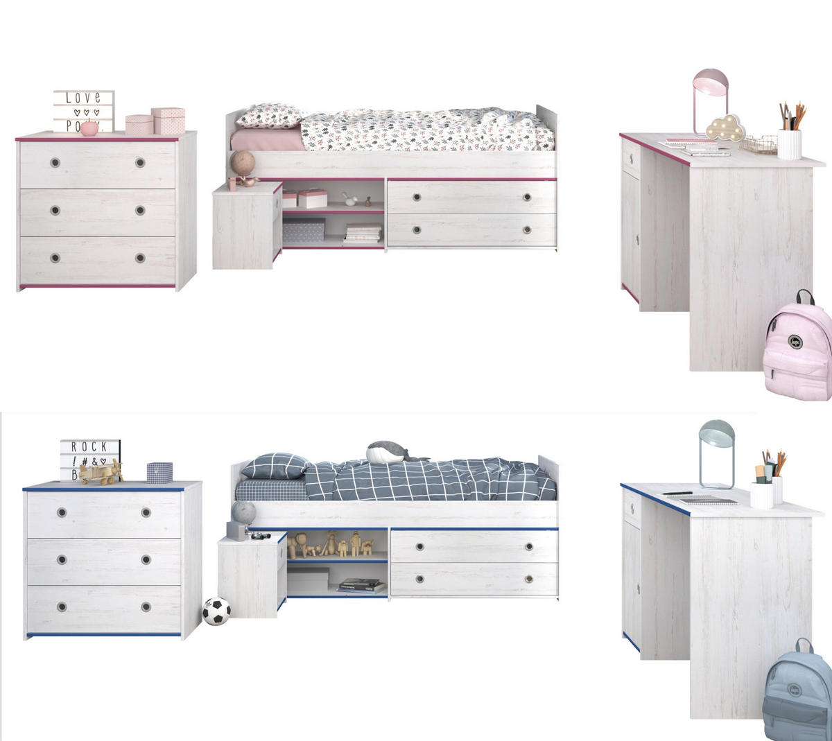 KINDERZIMMER Set Schreibtisch Kommode Nachttisch Bett 90x200 cm - Blau/Silberfarben, Holzwerkstoff/Kunststoff (95/80/203cm) - Parisot Meuble