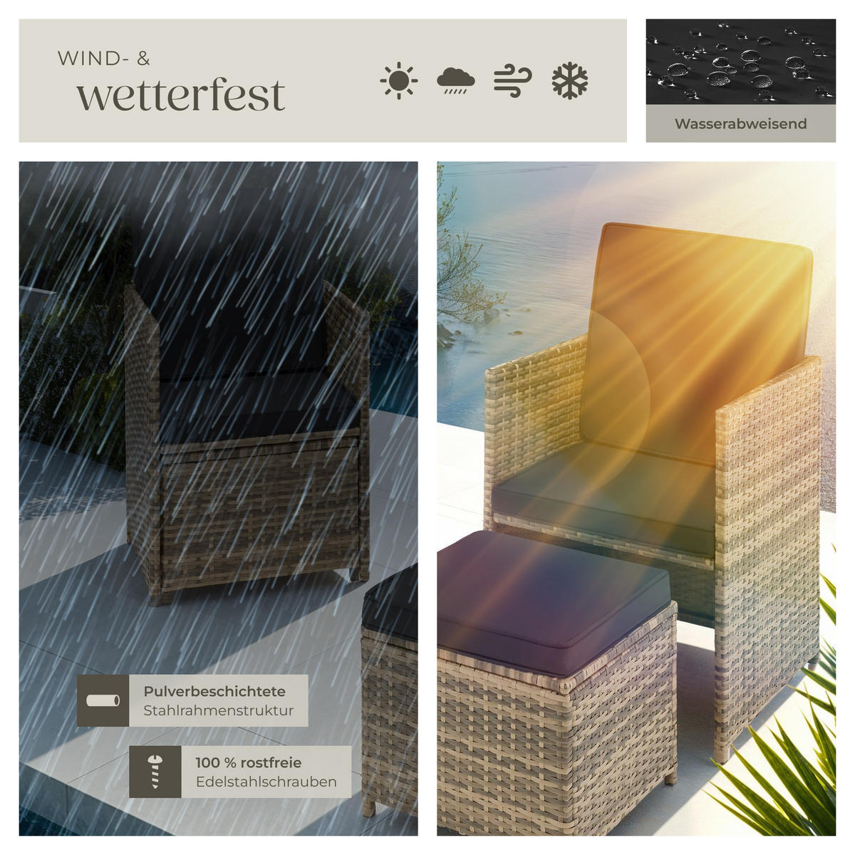 RATTAN SITZGRUPPE Palermo,inklusive Flaschenöffner, zusammenschiebbar,natur - Naturfarben, Kunststoff - tectake