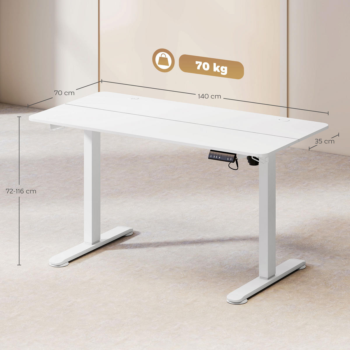 HÖHENVERSTELLBARER Schreibtisch 140 x 70cm Elektrisch Computertisch mit Haken - Weiß, Kunststoff (140/70/116cm) - Vinsetto