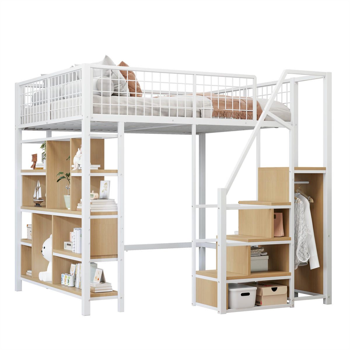 HOCHBETT 140/200 cm Weiß Metallbett mit Stauraumtreppe aus Holz - Weiß, Metall (140/200cm) - OKWISH