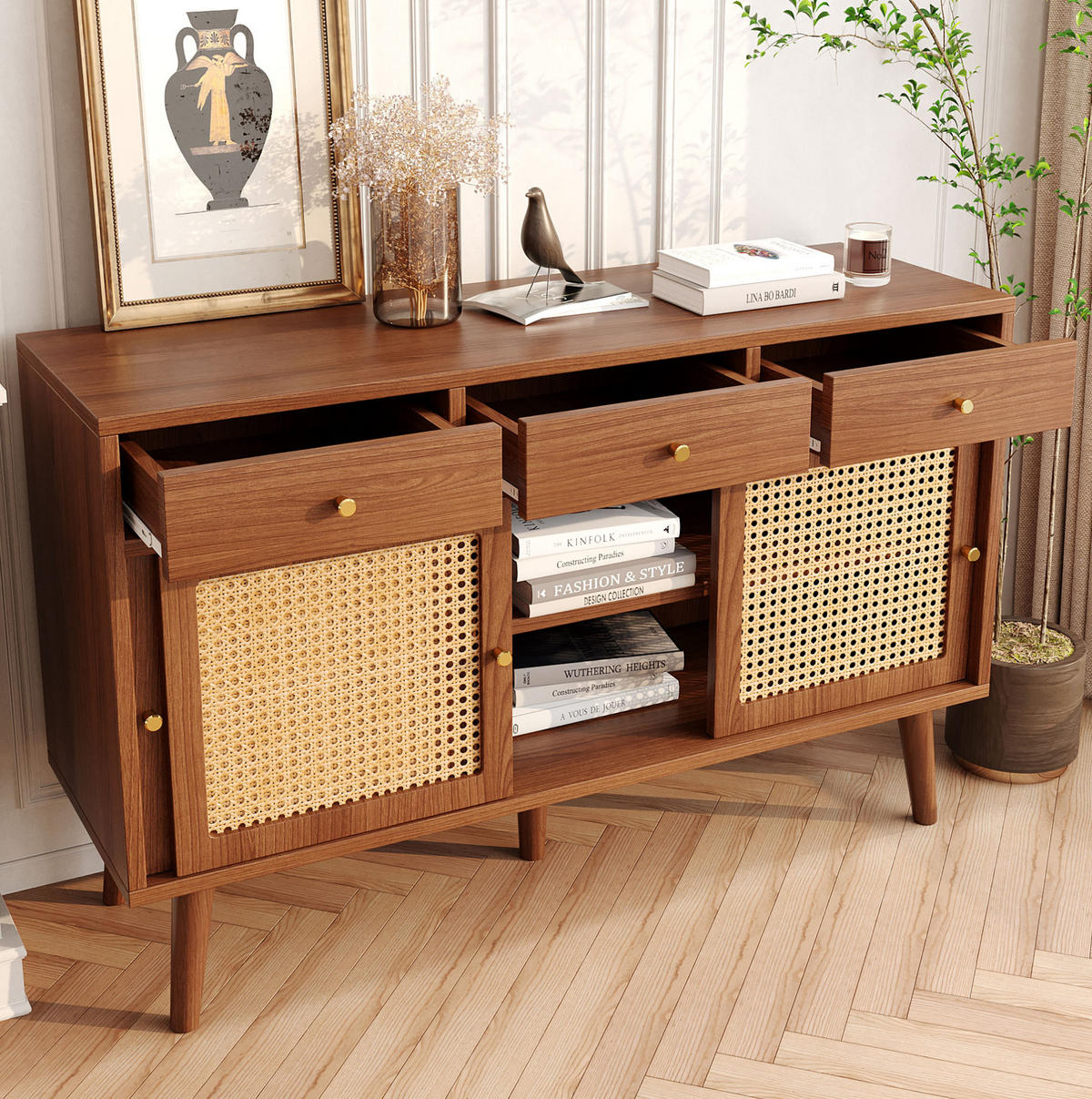 SIDEBOARD 120/40/78 cm in Walnuss mit 3 Schubladen, 3 Schiebetüren und Rattangeflecht - Eichefarben, Holzwerkstoff (120/78/40cm) - Flora Grace