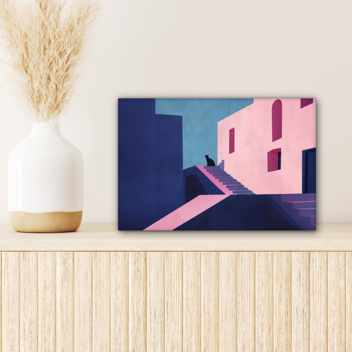 LEINWANDBILD Katze - Treppe - Gebäude - Schattenkontraste Deko Schlafzimmer 30x20 cm - Dunkelblau, Textil (30/20cm) - MuchoWow
