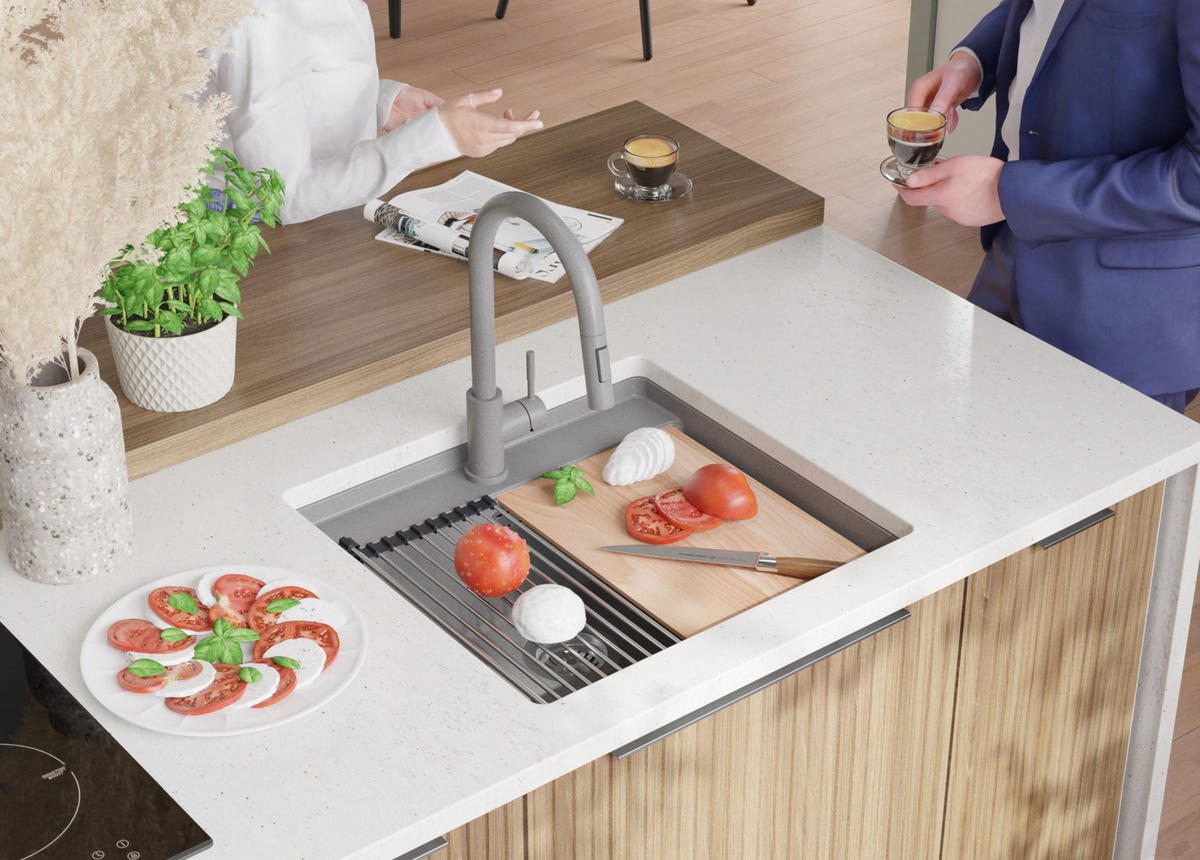 UNTERBAUSPÜLE GRANIT Bergen, 2-er set Grau 56/53 cm 1 Becken + Küchenarmatur 38/14 cm + Ablauf-Set + Schneidebrett ab 60er Unterschrank - Chromfarben/Beige, Kunststoff (56/20/53cm) - Primagran