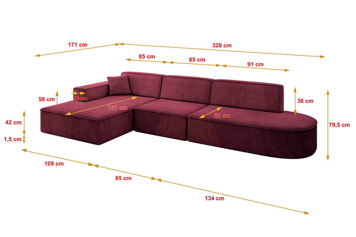 ECKSOFA Ottomane Links IREA-L2-v4 - 328x171x79 cm Bordeauxrot - Bordeaux, Holzwerkstoff/Textil (328/171cm) - ALTDECOR