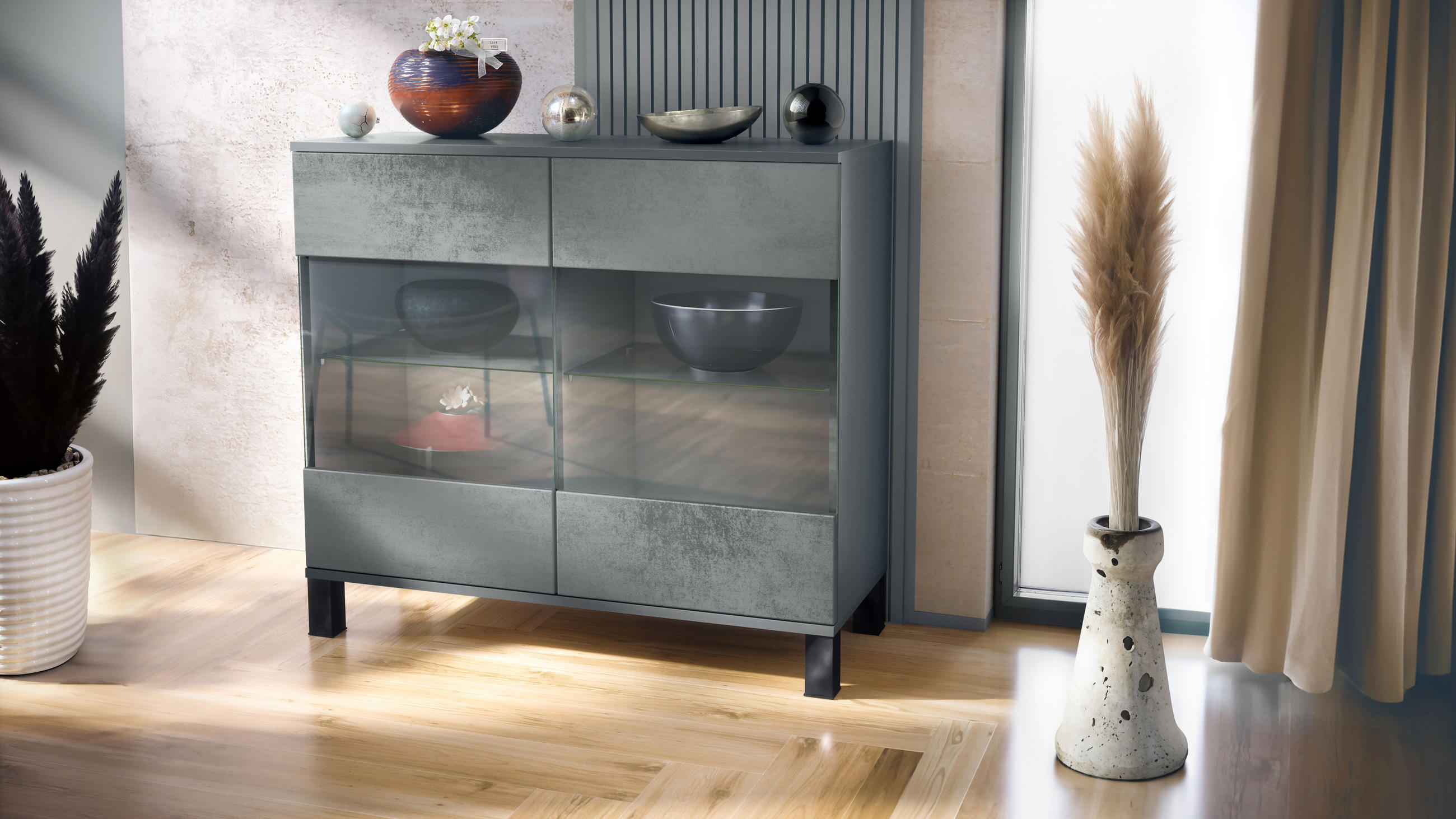 KOMMODE Bari Beton Dunkel Optik - Dunkelgrau, Holzwerkstoff (92.5/84.5/35cm) - Vladon