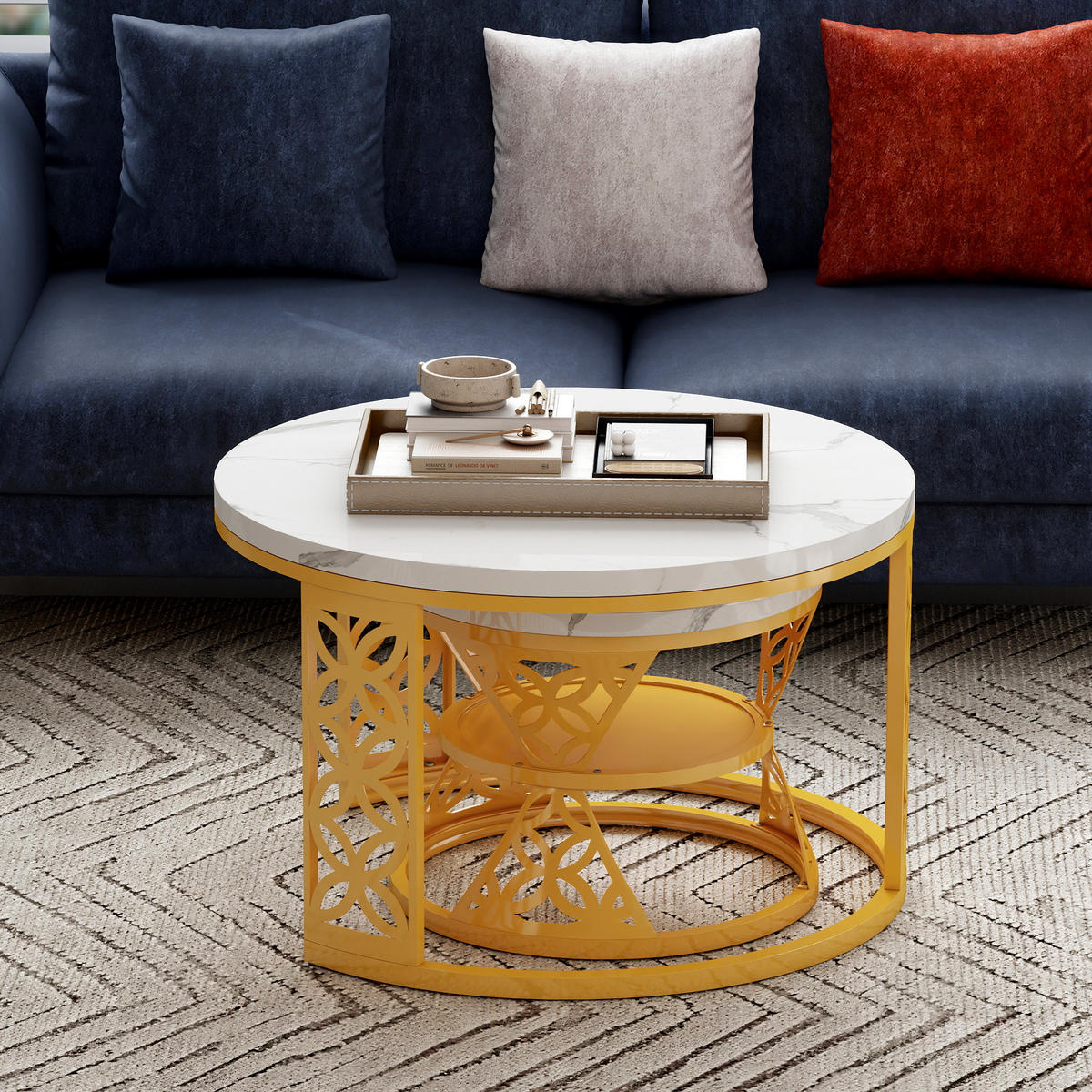 COUCHTISCH Beistelltisch-Set, Wohnzimmer-Beistelltisch-Set (2-teilig), weiße Marmoroptik, goldener Metallrahmen - Goldfarben/Weiß, Holzwerkstoff/Metall (70/70/45cm) - EVRYAE