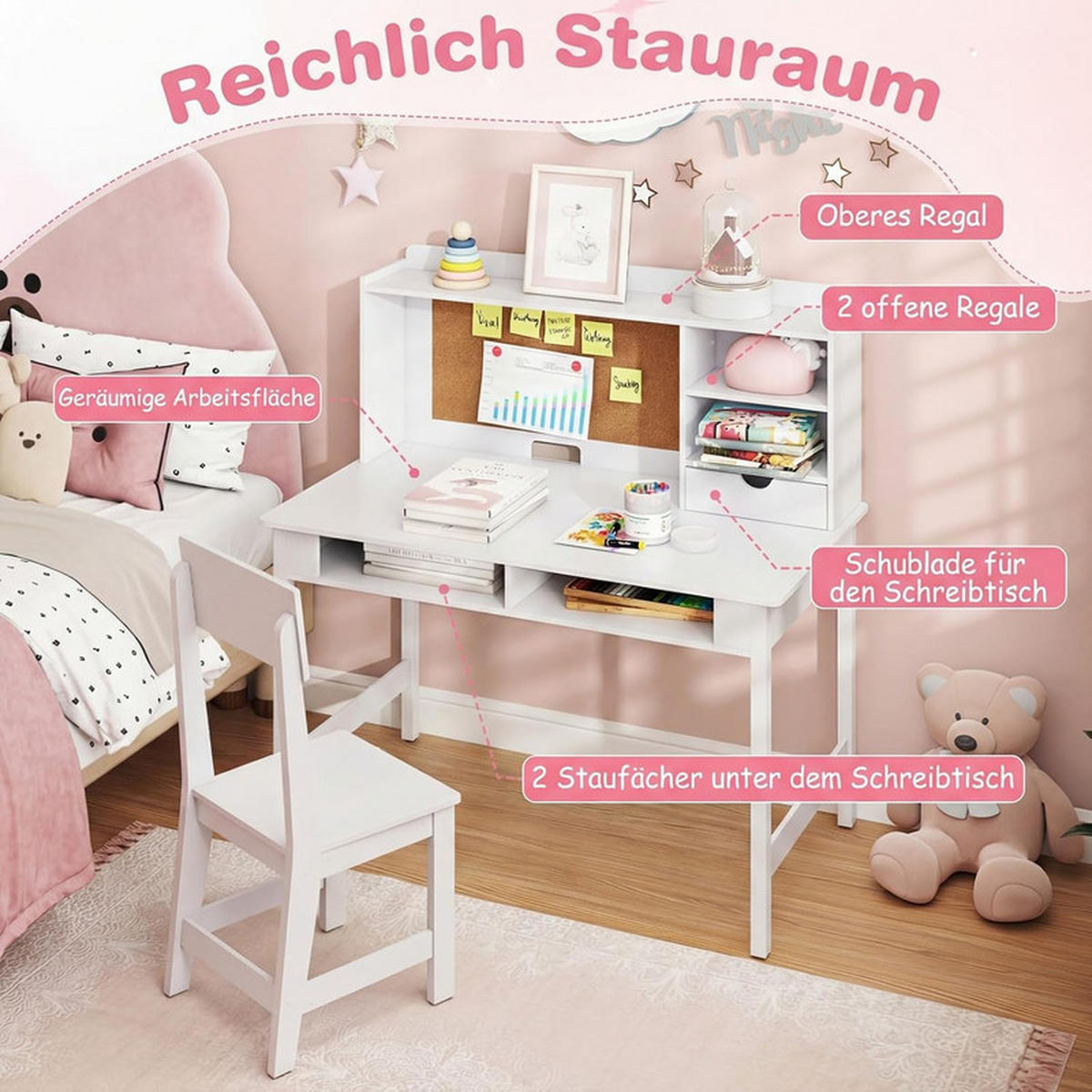 KINDERSCHREIBTISCH-SET aus Holz weiß(2-tlg) - Weiß, Holzwerkstoff (110/110/60cm) - COSTWAY