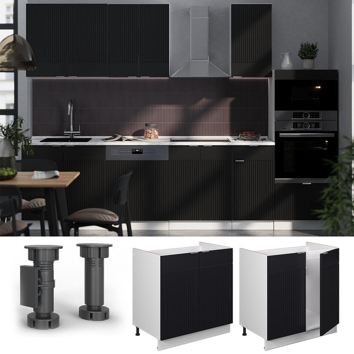 SPODNJA OMARICA ZA POMIVALNO KORITO Fame-Line Črna črtasta 80 cm , DP Antracit - črna/bela, leseni material (80/82/60cm) - Vicco