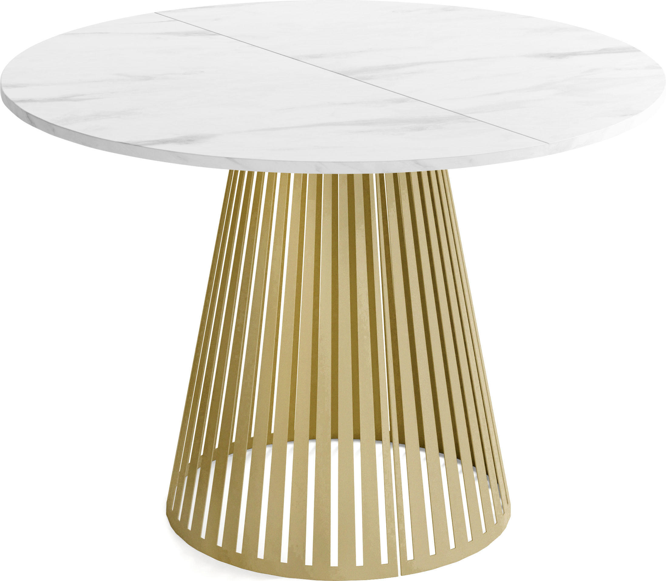 ESSTISCH Naro rund ausziehbar mit Goldenem Lamellen-Metallgestell, Marmor Weiß 120-200/120/76 cm - Ecru/Goldfarben, Holzwerkstoff/Metall (120/120/76cm) - WFL GROUP
