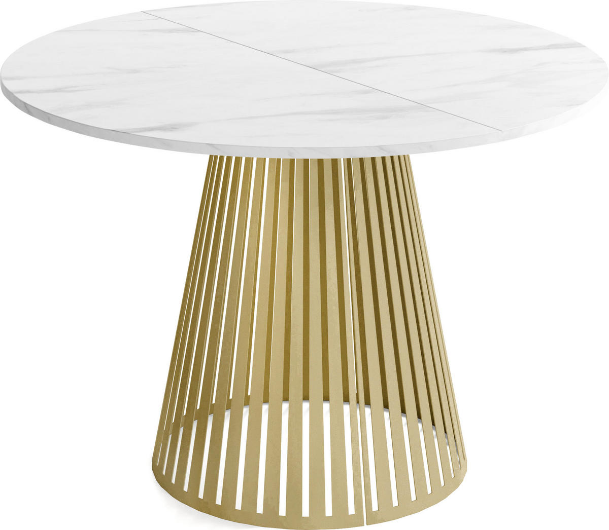 ESSTISCH Naro rund ausziehbar mit Goldenem Lamellen-Metallgestell, Marmor Weiß 120-200/120/76 cm - Ecru/Goldfarben, Holzwerkstoff/Metall (120/120/76cm) - WFL GROUP
