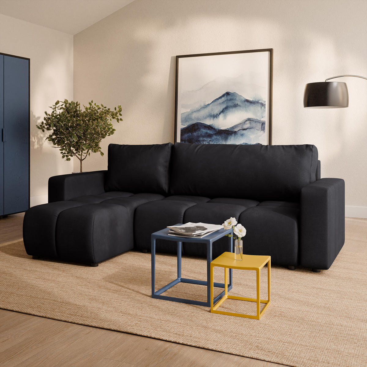 ECKSOFA RAMIL Schwarz Plüsch-Stoff mit Schlaffunktion - Schwarz, Holz (240/149cm) - MASSENO