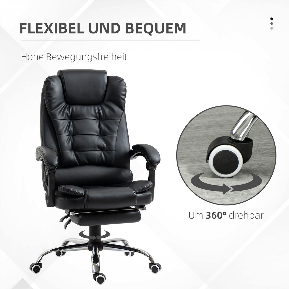 CHEFSESSEL Bürostuhl mit Fußstütze, Schreibtischstuhl mit Neigefunktion Schwarz - Schwarz, Kunststoff (64.5/117/69cm) - HOMCOM