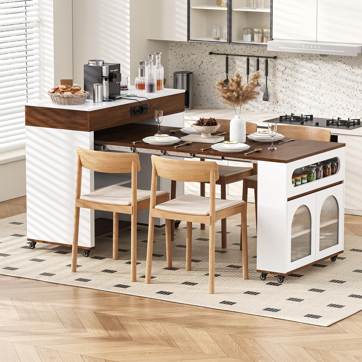 KÜCHENINSEL aus MDF 50.5-187.5x110.5x95.5 cm Weiß/Walnuss mit Ausziehtisch & Steckdosen - Weiß/Braun, Holzwerkstoff (187.5/95.5/110.5cm) - Modfu