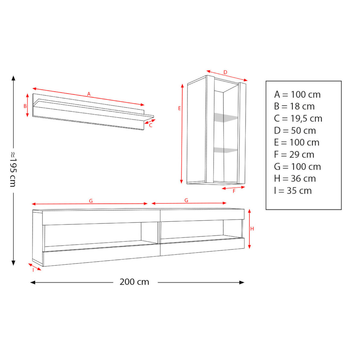 WOHNWAND 4-er Set, TIVOLI SET5 Schwarz + Weiß, Offener Raum - Schwarz/Weiß, Glas/Holzwerkstoff (240/195/35cm) - Komodee