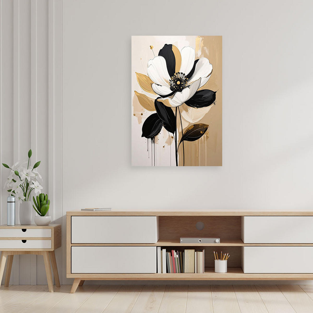 WANDBILD, Beige und weiße Blumen in einer eleganten modernen Version - Beige, Textil (70/100cm) - Feeby