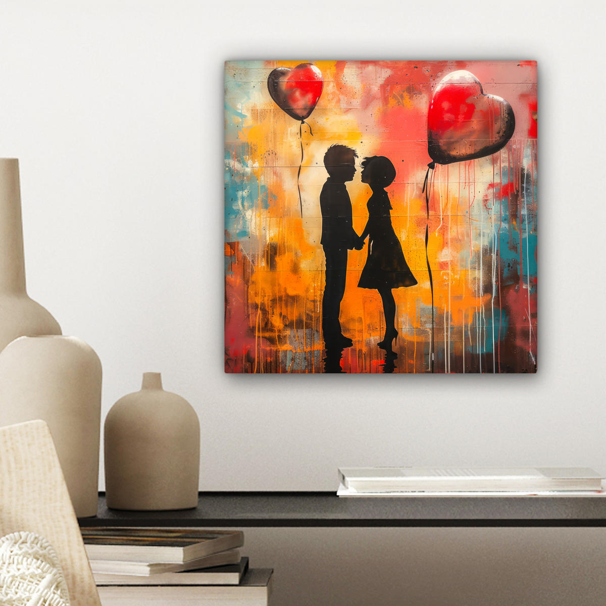 LEINWANDBILD Straßenkunst - Liebe - Graffiti - Kunst - Banksy 20x20 cm - Orange, Textil (20/20cm) - MuchoWow