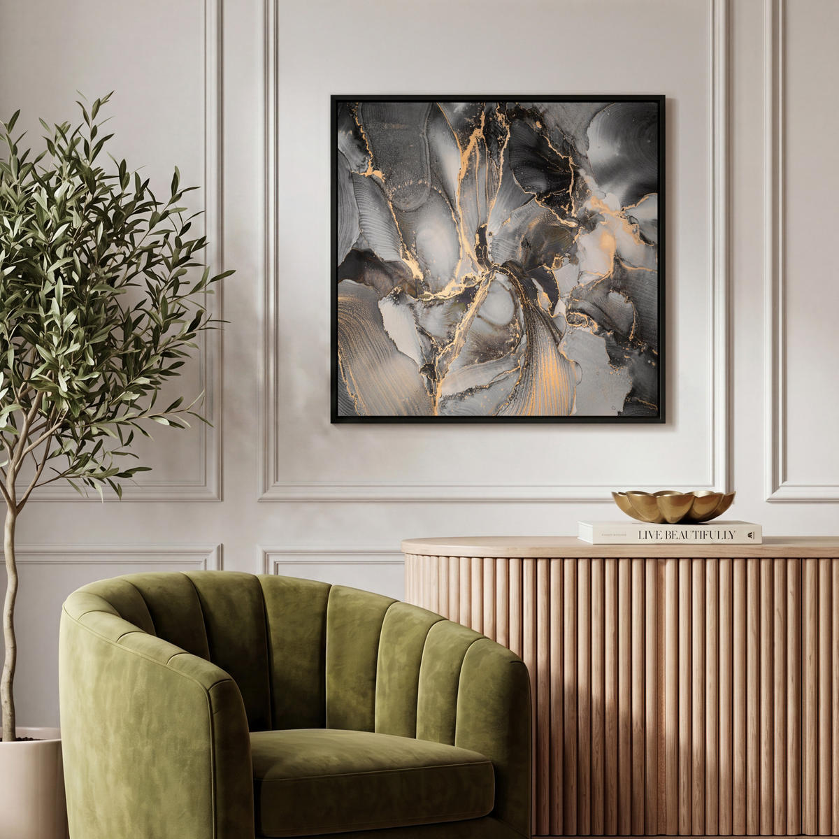 LEINWAND Bilder mit Rahmen - Grau - Luxus - Gold - Marmor - 50x50 - Dunkelgrau, Textil (50/50cm) - MuchoWow