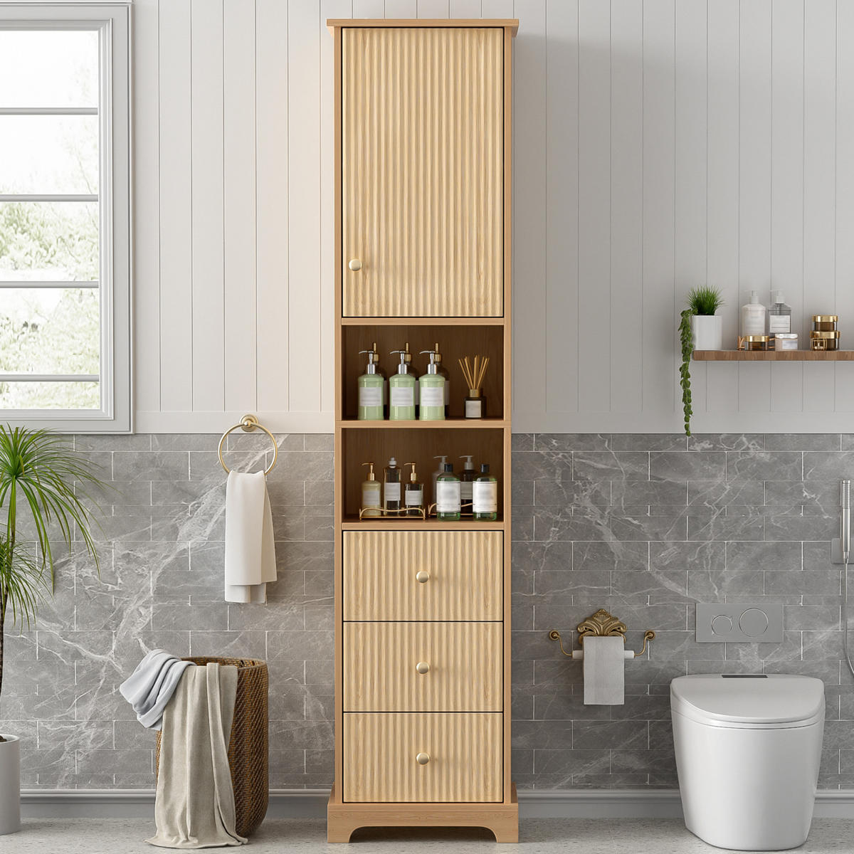 BADEZIMMER Hochschrank mit vertikalem Streifenmuster, Schubladen, offene Regalböden, Naturholzfarbe - Naturfarben, Holz (40/172/30cm) - PARAFTA HOME