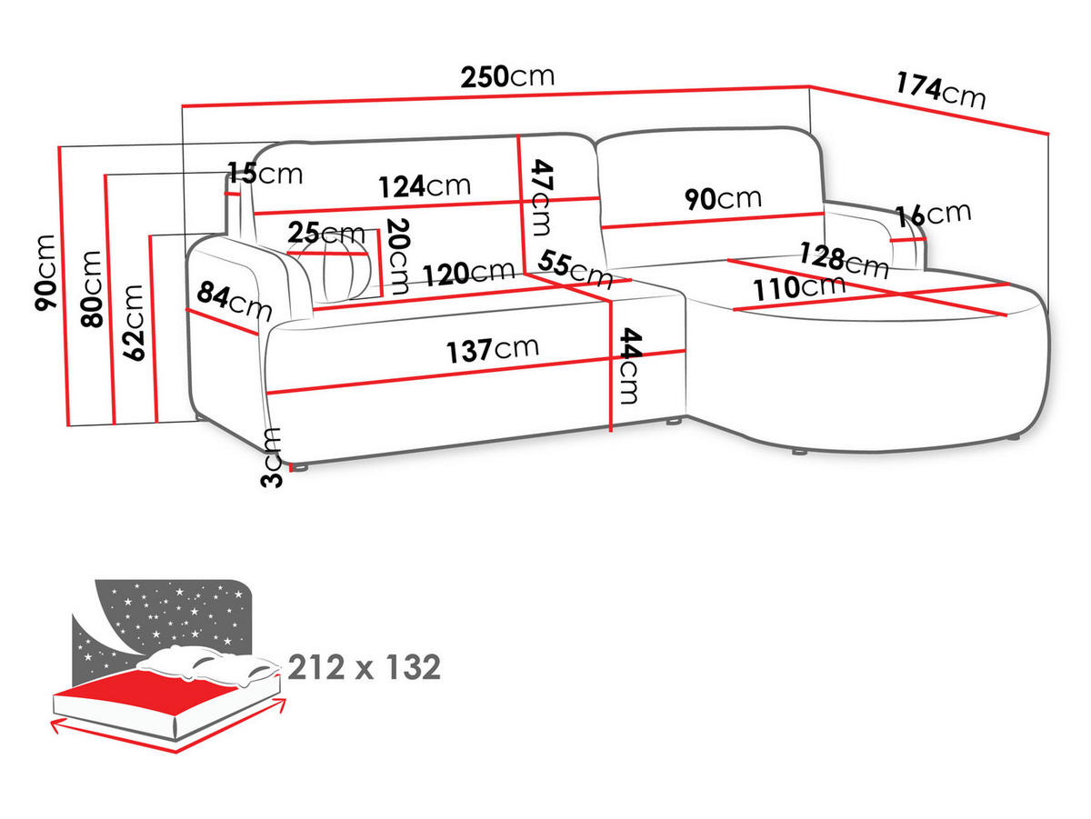 ECKSOFA Loridu Cord, Seite: Links - Schwarz, Holz/Kunststoff (250/174cm) - MIRJAN24