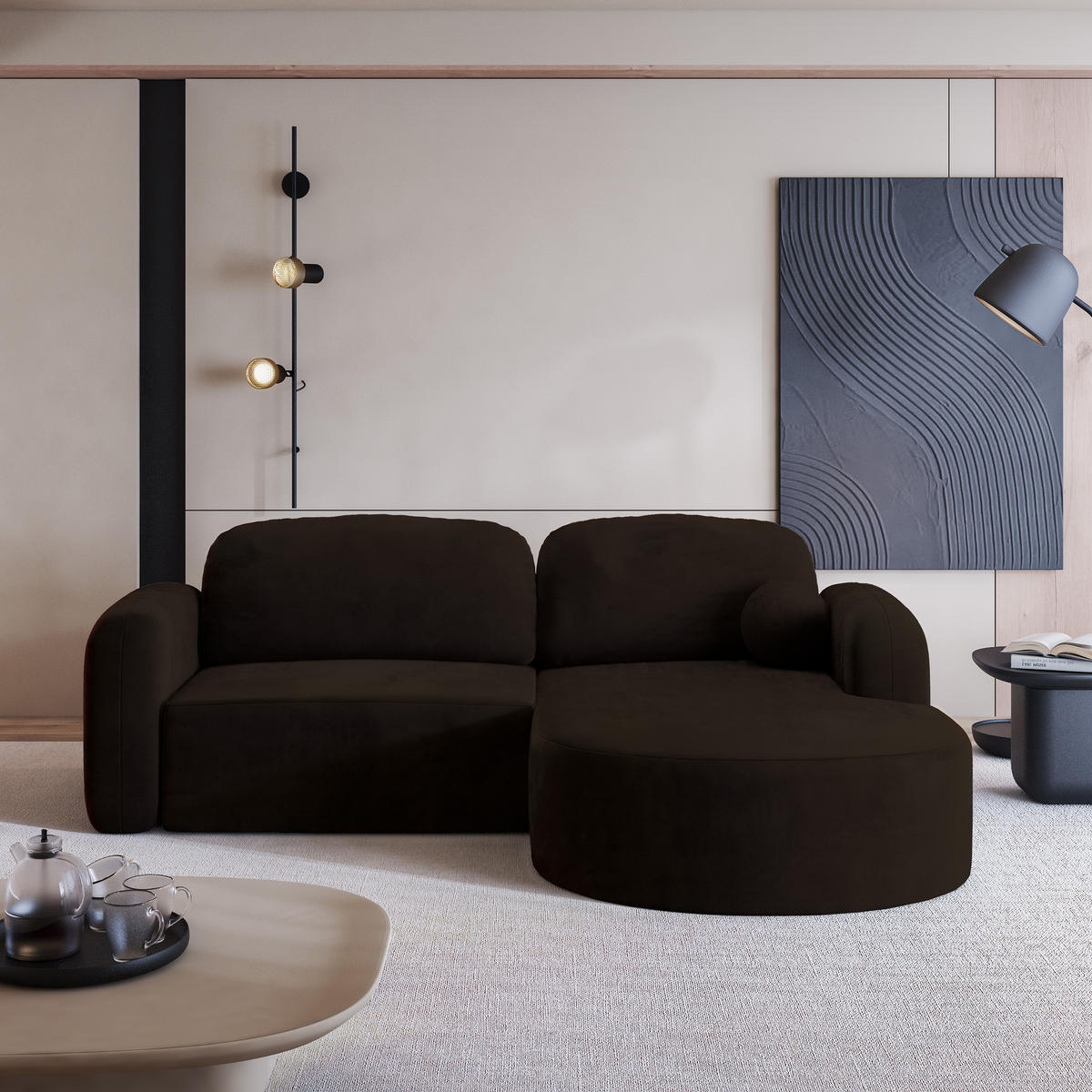 ECKSOFA AMILIA M R-S Braun Velours-Stoff mit Schlaffunktion - Braun, Holz (263/174cm) - MASSENO