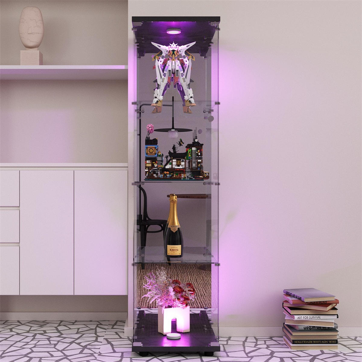 VITRINE - Glasvitrine mit 4 Ebenen - integrierte LED-Beleuchtung - Schwarzer Holzboden - Schwarz, Glas (42.5/164/36.5cm) - DELFA