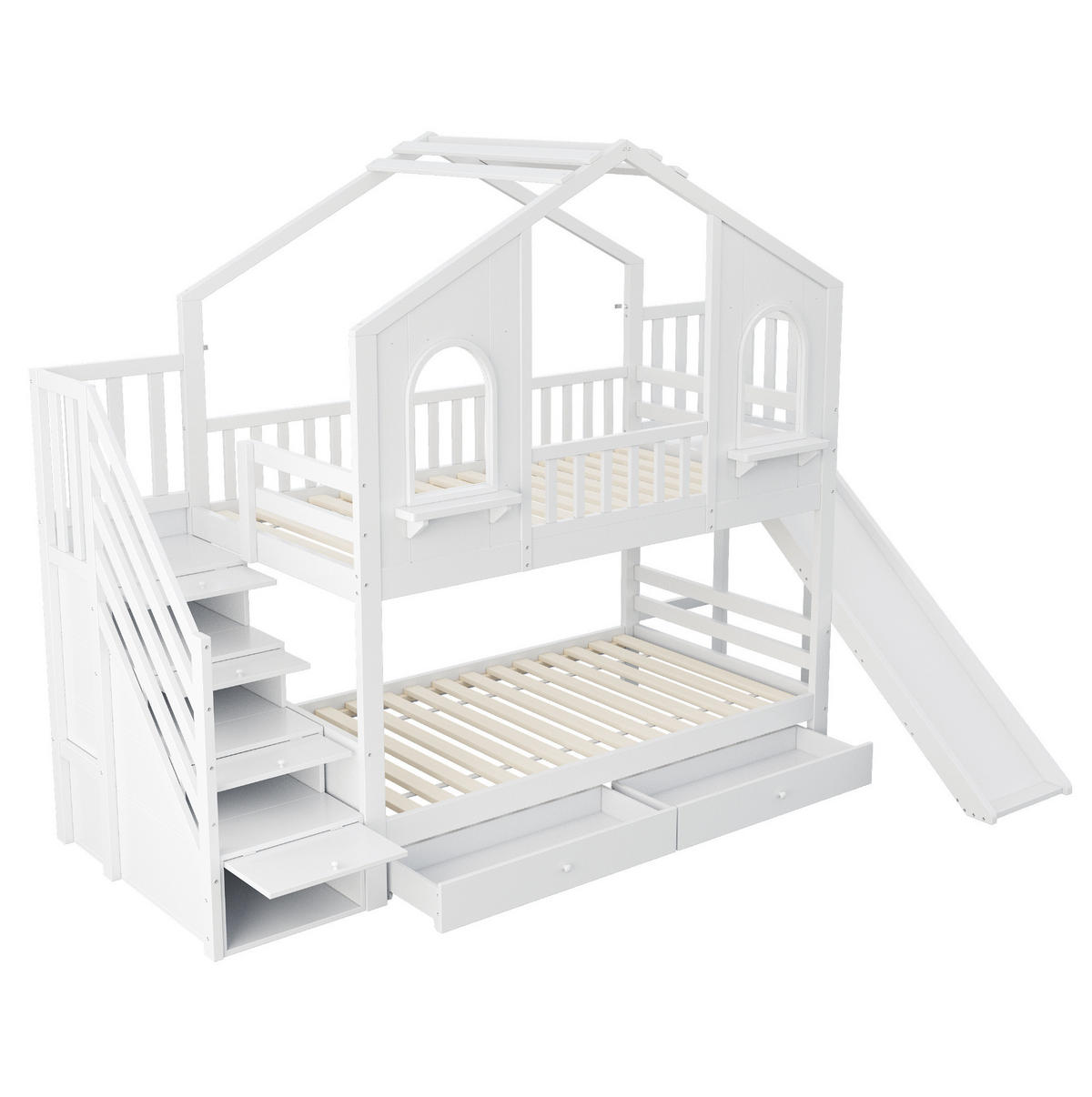 POSCHODOVÁ posteľ 90/200 cm biela s úložným rebríkom, šmykľavkou a zásuvkami z dreva - biela, kompozitné drevo (90/200cm) - OKWISH