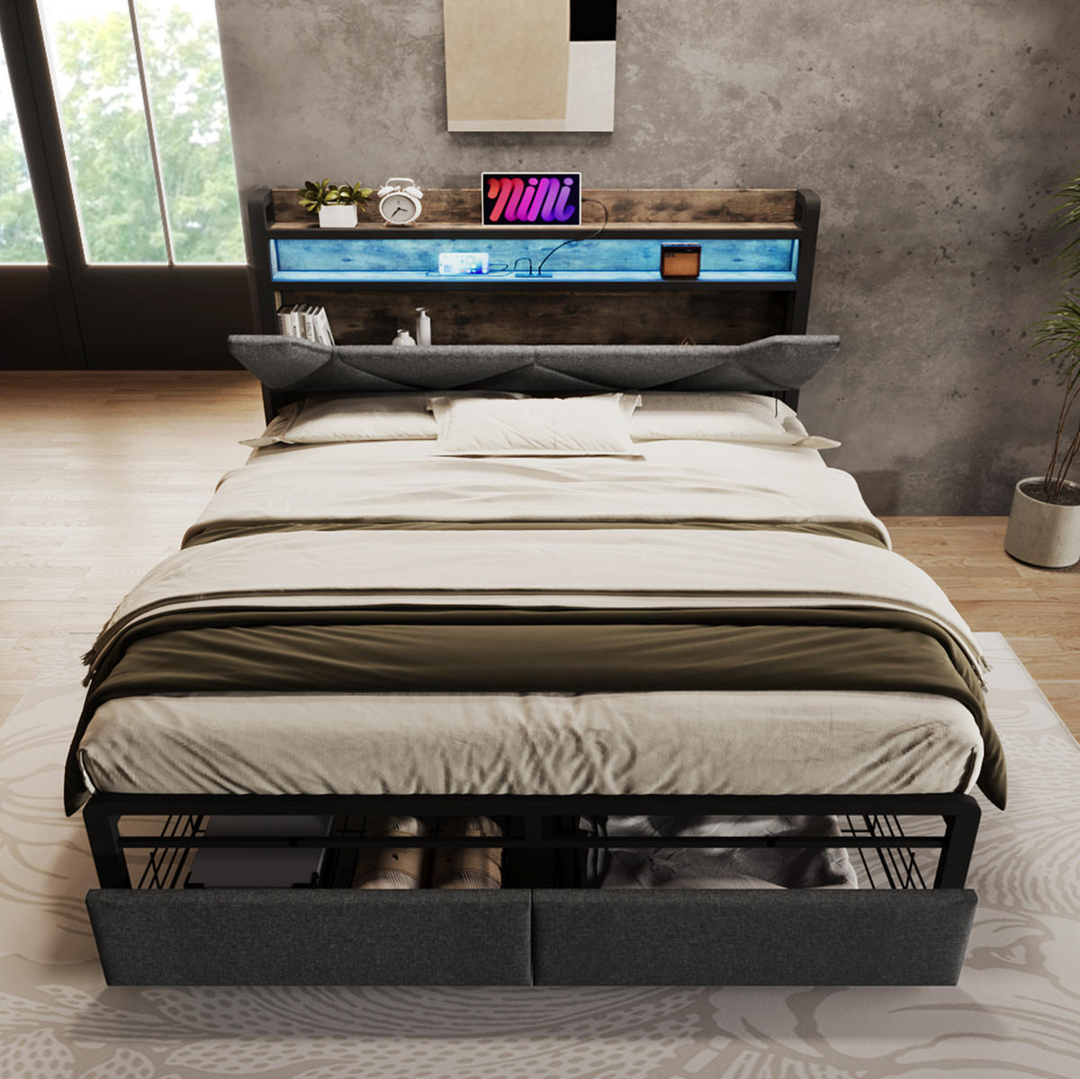POLSTERBETT mit Stauraum und LED 140x200 cm Leinen Grau 2 Schubladen - Grau, Metall (140/200cm) - Meubliv