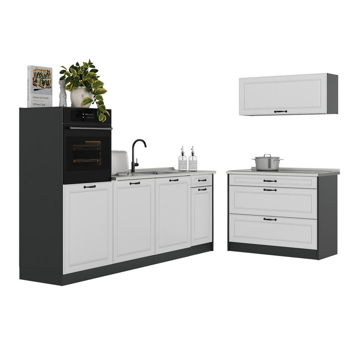 KÜCHENZEILE R-Line, Weiß Landhaus/Anthrazit, 220 cm ohne Arbeitsplatte - Anthrazit/Weiß, Holzwerkstoff (220/143/46cm) - Vicco