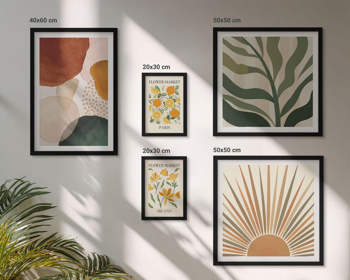 BILDER SET 5er Set - 50x50 cm & 20x30 cm & 40x60 cm Schwarzer Rahmen - Abstrakte Blumenmotive - Schwarz, Kunststoff (40/60cm) - TULUP