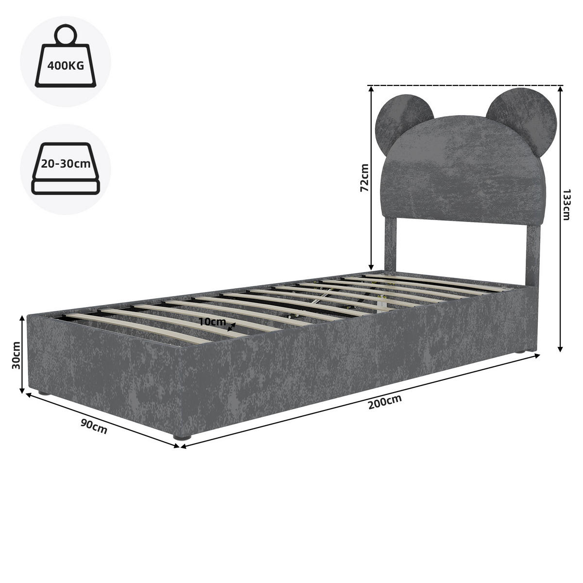 KINDERBETT 90/200 cm in Grau Stoff mit Bettkasten - Grau, Holzwerkstoff/Textil (90/200cm) - WISHDOR