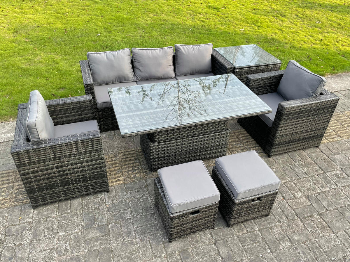 GARTENTISCHGRUPPE Polyrattan 7-Sitzer - Dunkelgrau/Grau, Glas/Kunststoff - Fimous