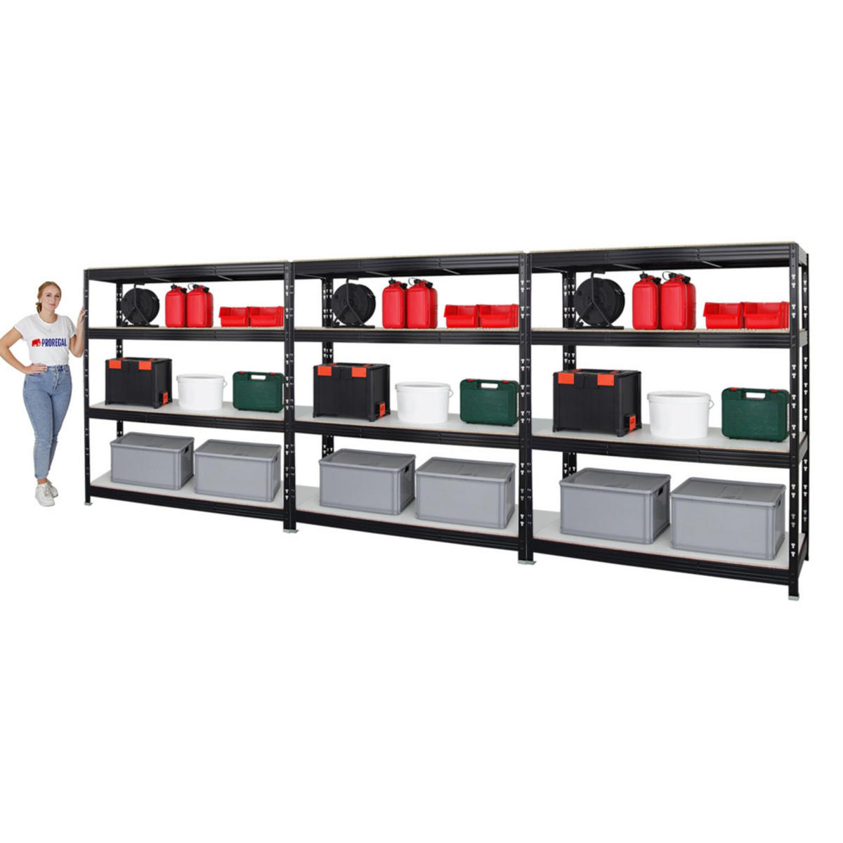 SCHWERLASTREGAL Rhino 3er-Set mit 3x 180x160x60 cm 4 Melamin-Ebenen 16mm Fachlast 500 kg Schwarz - Schwarz, Metall (480/180/60cm) - PROREGAL