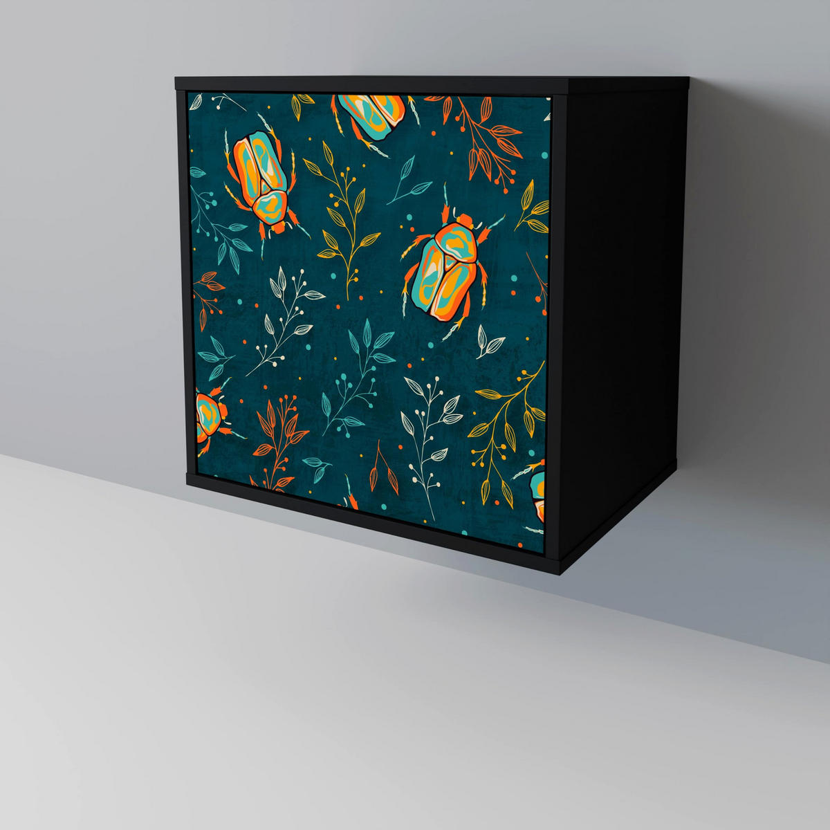 SIDEBOARD AUTUMN INSECTS, Schwarz, 57,5x42x70,5 cm, Schwarze Metall-Sternfüße - Multicolor/Schwarz, Holzwerkstoff/Metall (57.5/70.5/42cm) - SpaceRebels