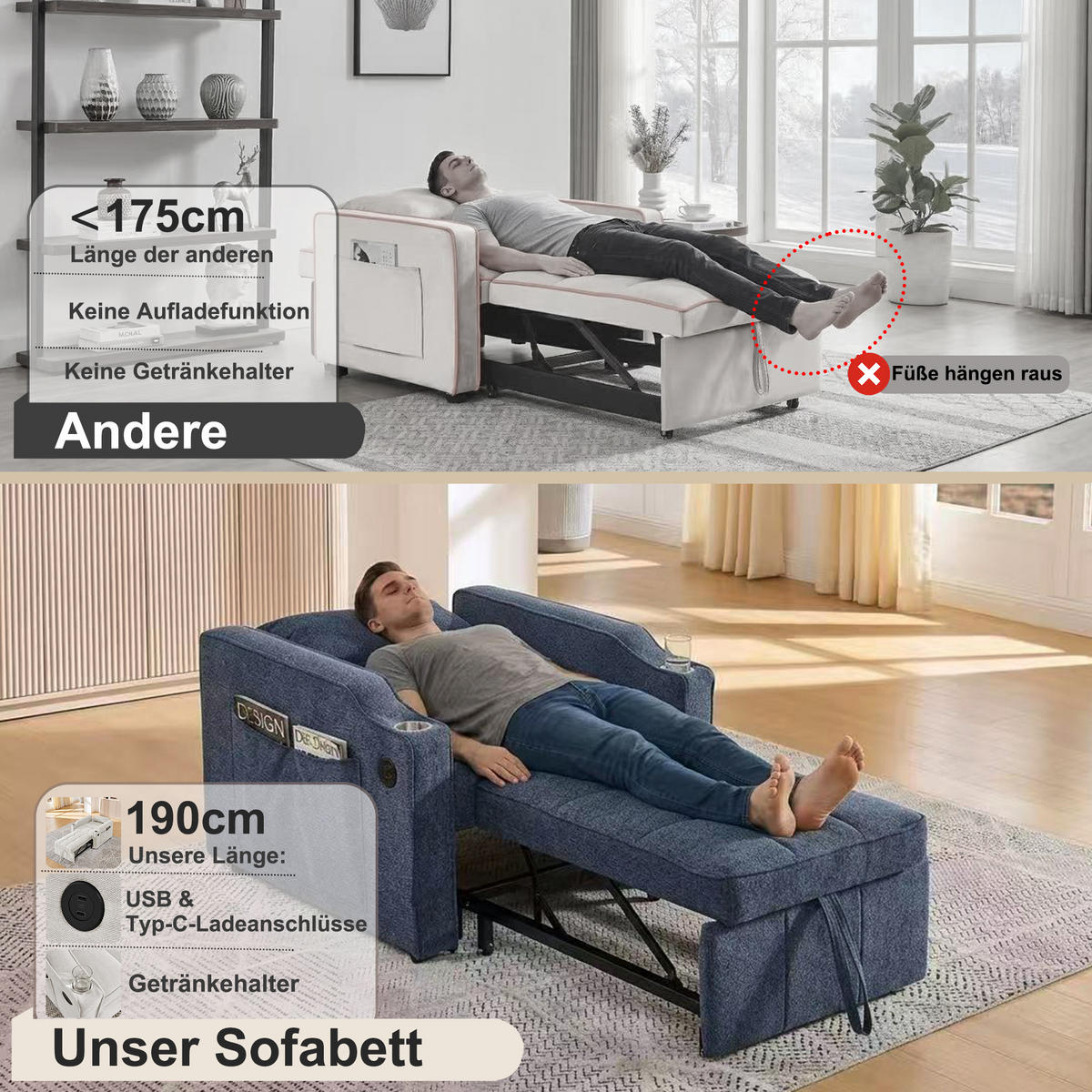 RELAXSESSEL 190/85/86 cm Marineblau mit USB-/Typ-C-Anschluss und Seitentasche - Dunkelblau, Textil (190/86/85cm) - Oxeza