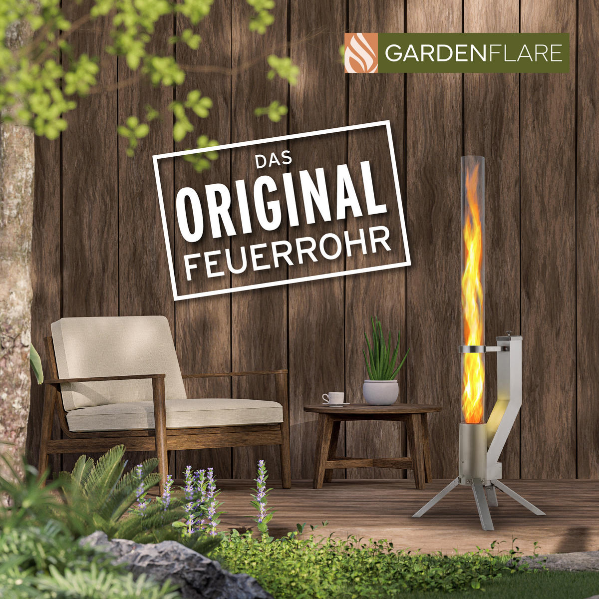 GARDENFLARE Feuerrohr – elegante Edelstahl Feuersäule und Pelletfackel - silber - Silberfarben, Metall (36/131/35cm) - Gardenflare