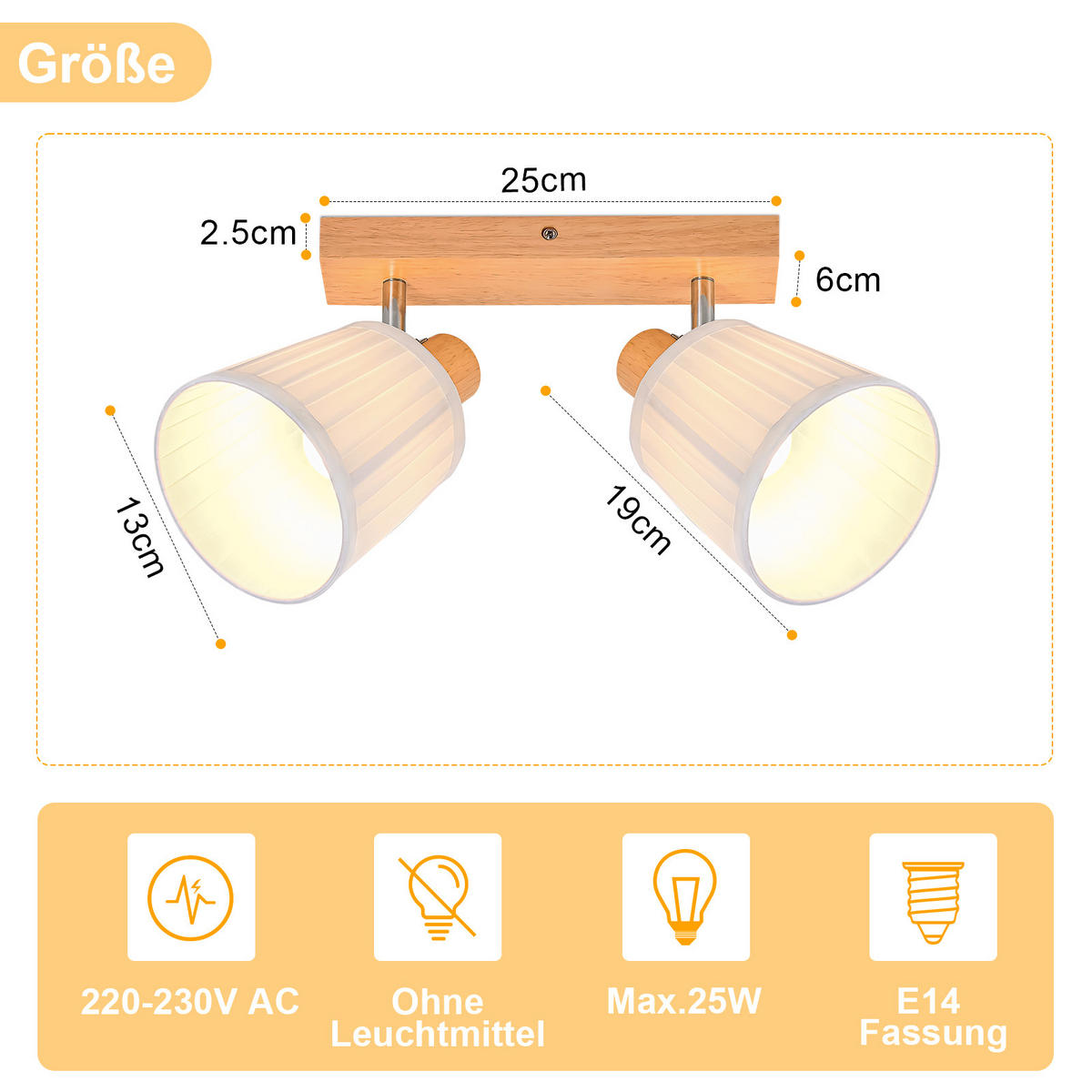 DECKENSTRAHLER Drevith 25/13/19 cm - Weiß/Braun, Holz/Textil (25/13/19cm) - ZMH