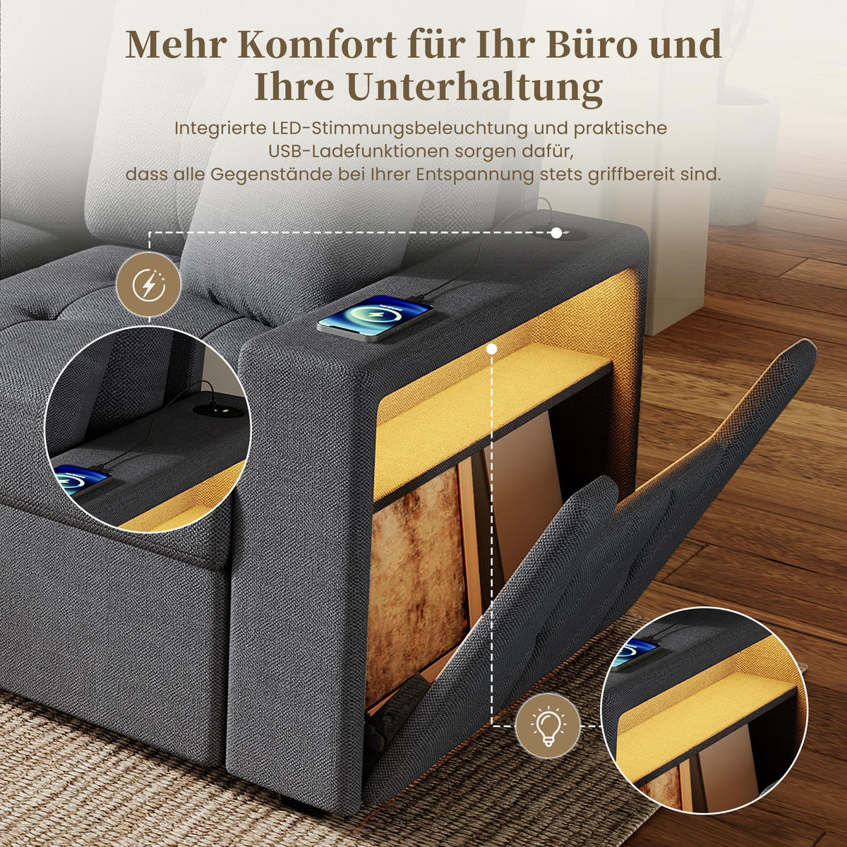 ECKSOFA 253/144.5/80.7 cm Antikgrau mit Aufbewahrungshocker, LED Stimmungslicht und Stauraum - Grau, Kunststoff/Textil (253/144.5cm) - Oxeza
