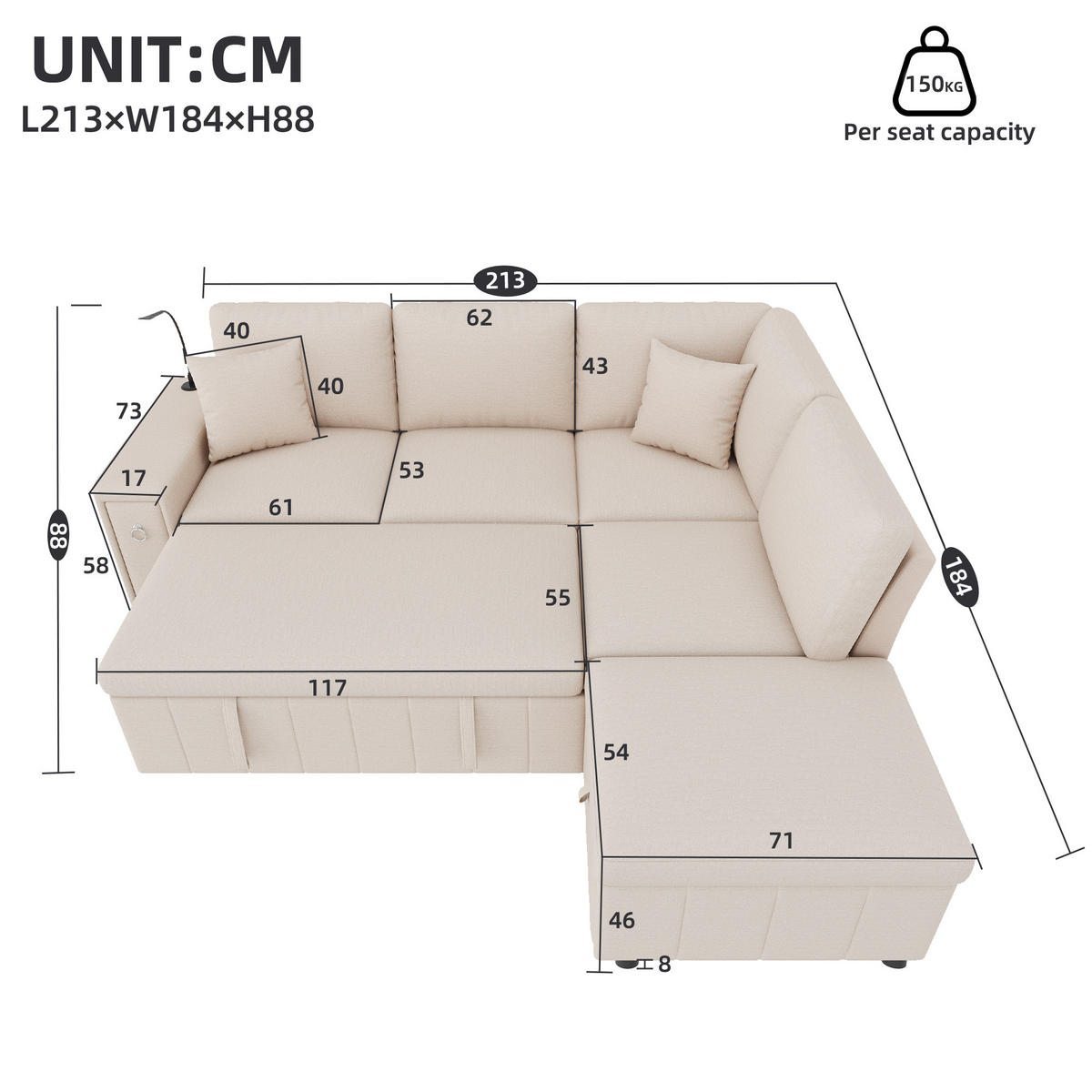 SCHLAFSOFA mit Schlaffunktion, USB, Type-C, Beige, 213/184/88 cm - Beige, Textil (213/88/184cm) - EVRYAE