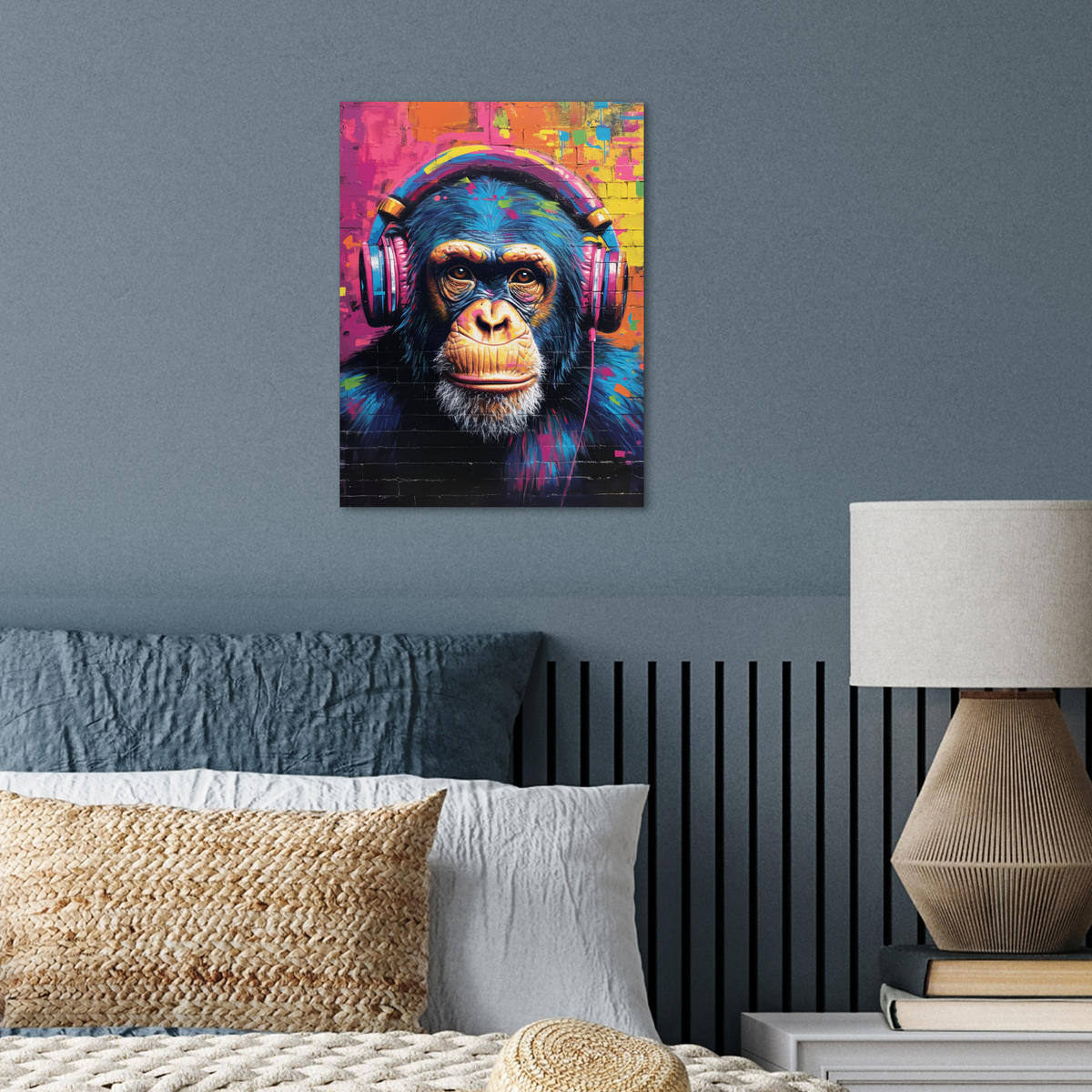POSTER Graffiti - Schimpanse - Straßenkunst - Kopfhörer - Affe 30x40 cm - Blau, Papier (30/40/0.1cm) - MuchoWow