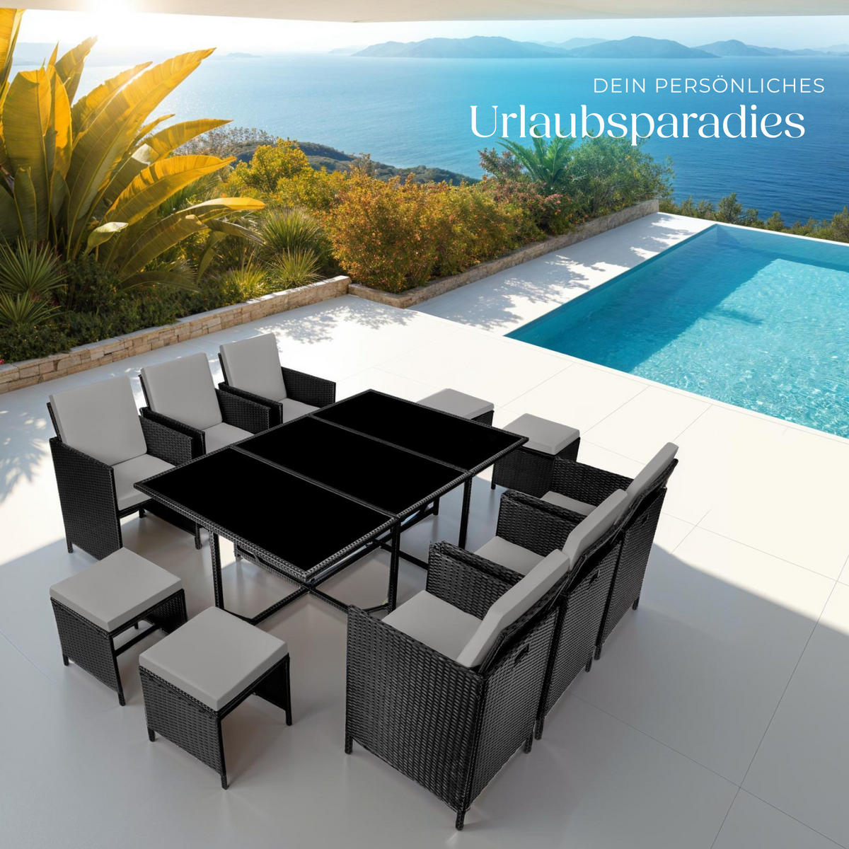 RATTAN SITZGRUPPE Malaga,zusammenschiebbar, inklusive Schutzhülle,schwarz/grau - Schwarz/Grau, Kunststoff - tectake