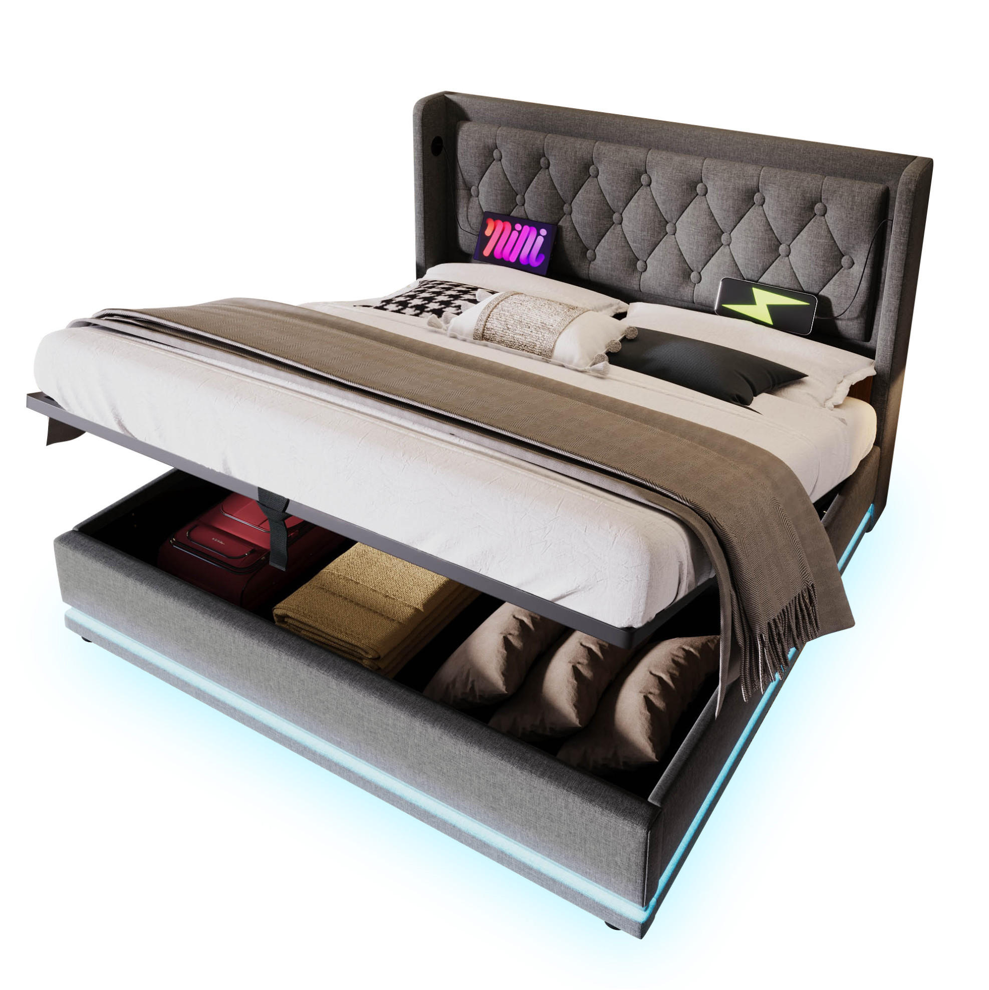 POLSTERBETT 180/200 cm Grau aus Baumwolle mit Bettkasten, USB-C und LED - Grau, Textil (180/200cm) - OKMYHOME