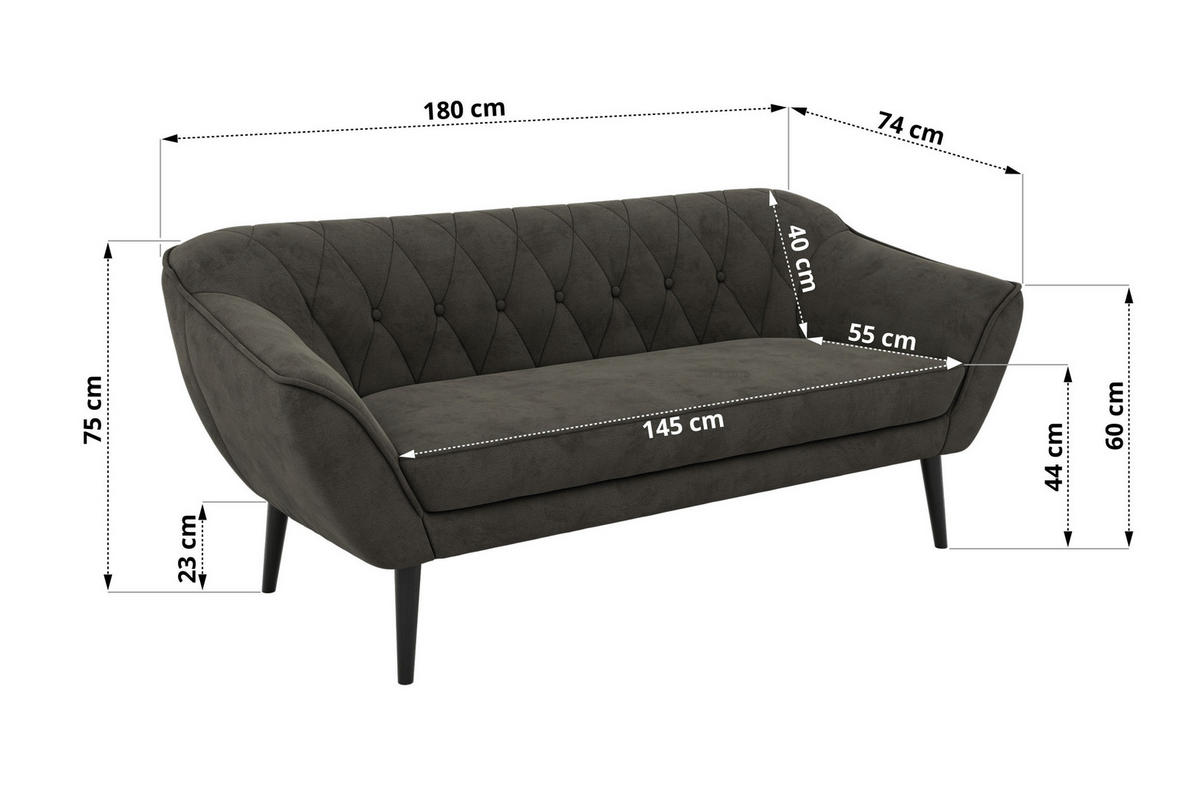 3-SITZER-SOFA PIRS - Dunkelgrau Velvet - Schwarze Beine - Dunkelgrau/Schwarz, Holzwerkstoff/Textil (180/75/74cm) - MKS
