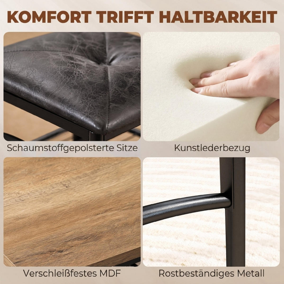 ESSGRUPPE DE-39308 Tisch mit 2 Stühlen und Bank Braun/Schwarz - Braun, Holzwerkstoff (100/76.3/60cm) - ComfortXL