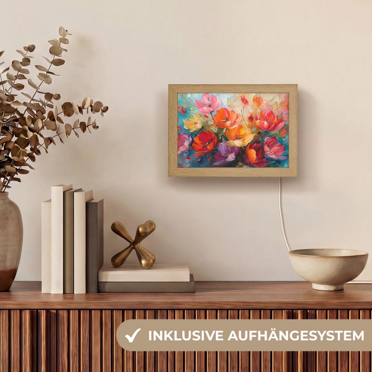 STOLNÍ LAMPA Květiny - barevné - malba - abstraktní - umění 20x15 cm - barva hliníku, kompozitní dřevo (8/20/15cm) - OnlyWow