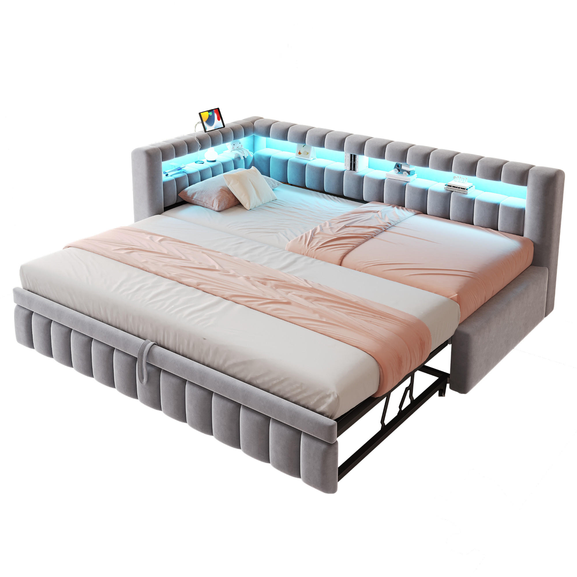POLSTERBETT 90x200 Hellgrau Samt LED USB - Hellgrau, Textil (90/200cm) - FLIEKS